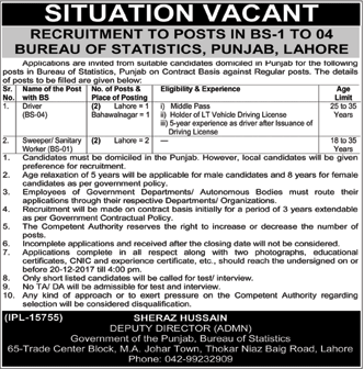 Bureau of Statistics Punjab Jobs December 2017 Drivers & Sweepers / Sanitary Workers Latest