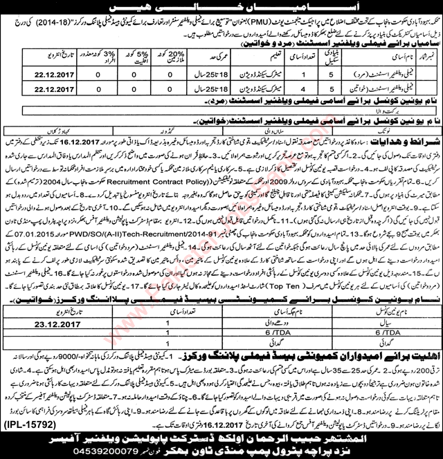 Family Welfare Assistant Jobs in Population Welfare Department Bhakkar December 2017 Latest
