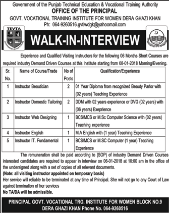 Instructor Jobs in TEVTA Dera Ghazi Khan 2018 Government Vocational Training Institute Walk in Interview Latest