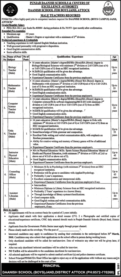 Danish School Jand Jobs March 2018 Attock Teachers & Others PDS&CEA Latest