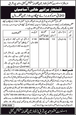 Patwari Jobs in Finance Department Ahmad Pur Sharqia 2018 March Latest