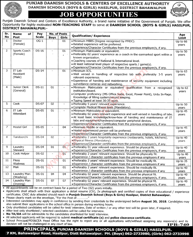 Danish School Hasilpur Jobs August 2018 Bahawalpur PDSCEA Laundry Man & Others Latest