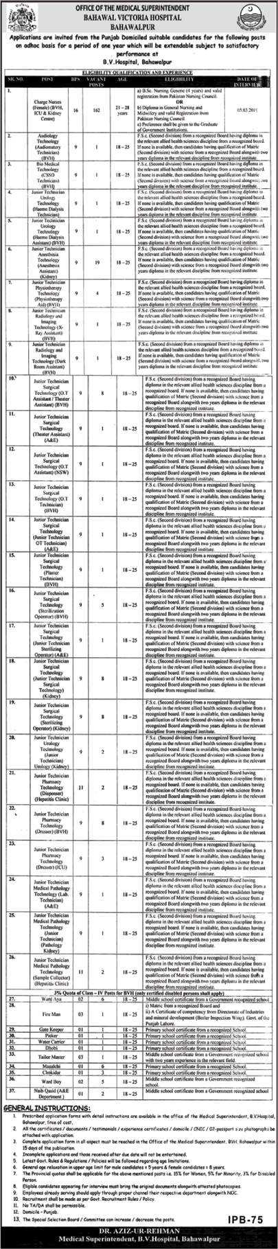 Bahawal Victoria Hospital Bahawalpur Jobs 2019 February Nurses, Technicians & Others Latest