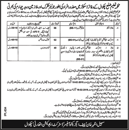 Education Department Chakwal Jobs 2019 February Naib Qasid, Chowkidar & Others Disable Quota Latest