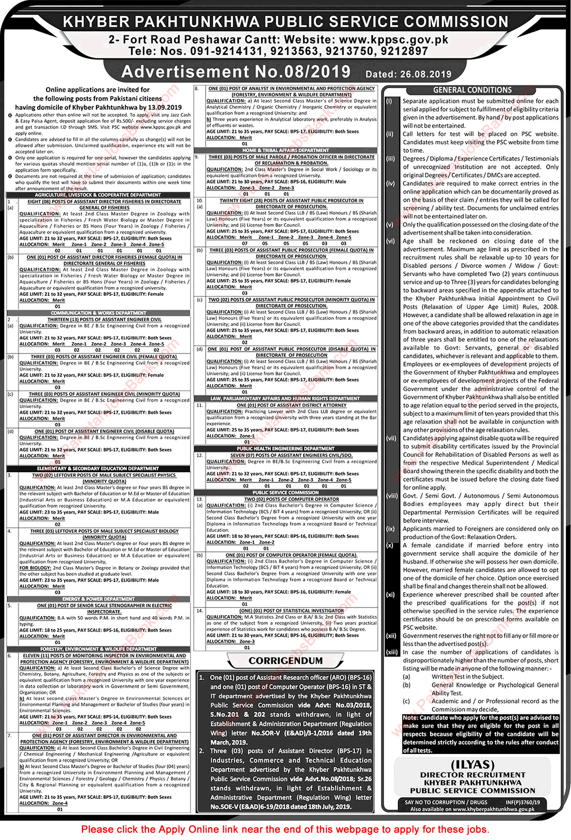 KPK Public Service Commission Jobs September 2019 KPPSC Apply Online Advertisement No. 08/2019 Latest