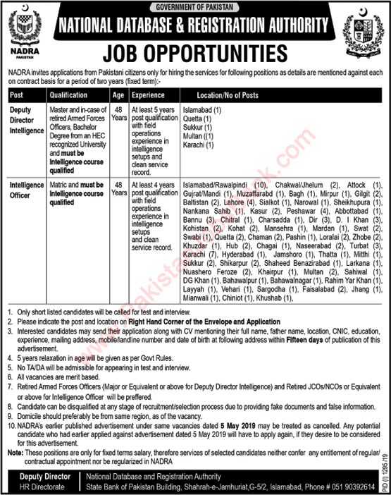 NADRA Jobs September 2019 Intelligence Officers & Deputy Directors Latest