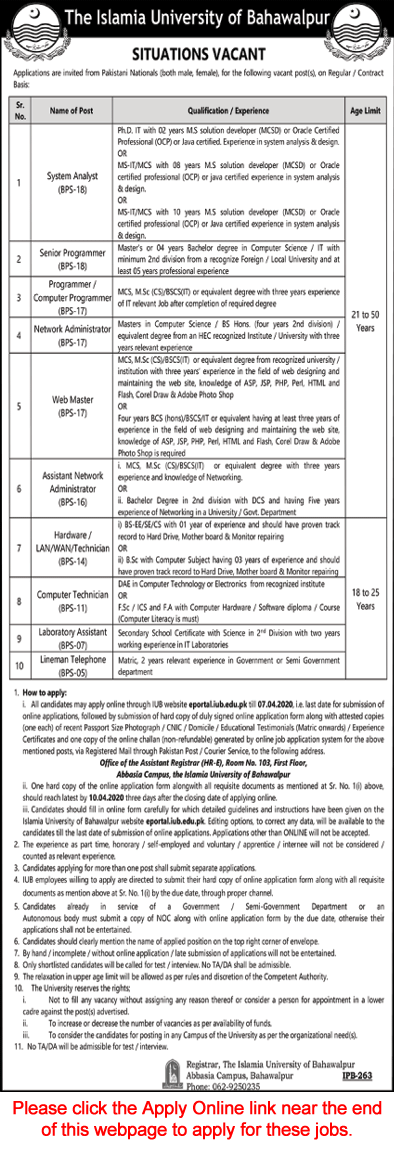Islamia University of Bahawalpur Jobs March 2020 Apply Online Computer Programmer & Others Latest