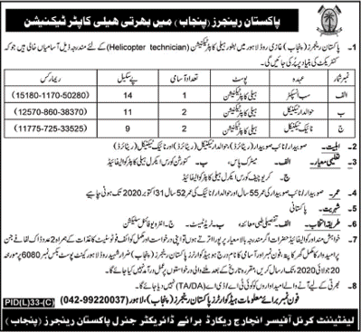 Helicopter Technician Jobs in Pakistan Rangers Punjab 2020 July Ex / Retired Army Personnel Latest