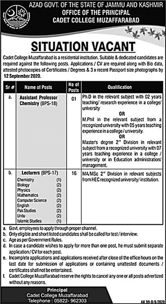 Cadet College Muzaffarabad Jobs 2020 August / September AJK Lecturers & Assistant Professor Latest