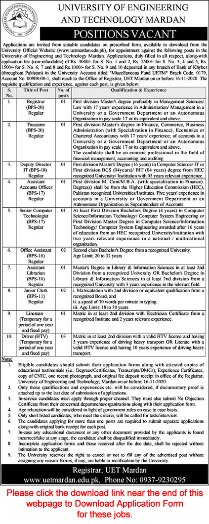 UET Mardan Jobs 2020 November Application Form University of Engineering and Technology Latest