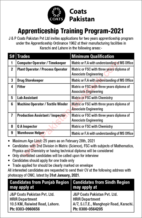 Coats Pakistan Apprenticeship Training Program 2021 Karachi / Lahore Latest