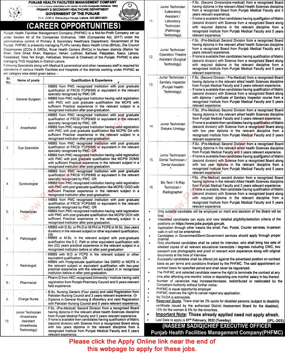 Punjab Health Facilities Management Company Jobs 2022 PHFMC Apply Online Medical Technicians, Nurses & Others Latest