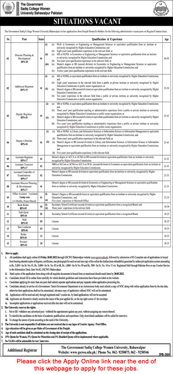 Government Sadiq College Women University Bahawalpur Jobs April 2022 Online Apply Naib Qasid & Others Latest