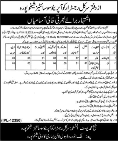 Cooperative Societies Department Sheikhupura Jobs November 2022 December Naib Qasid, Mali & Others Latest