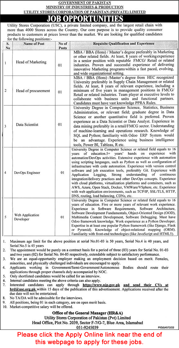 Utility Stores Corporation of Pakistan Jobs 2023 Apply Online Web Application Developer & Others Latest