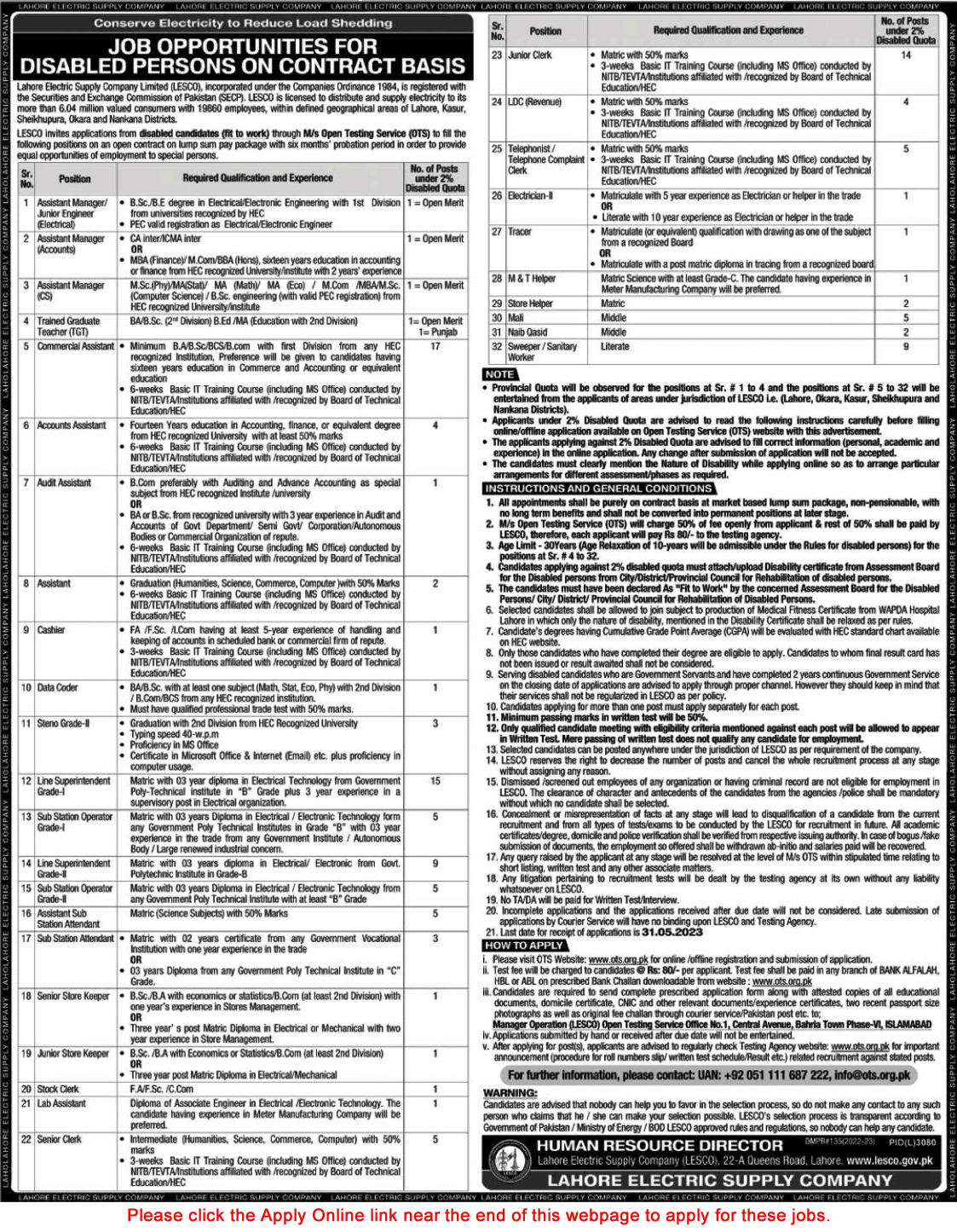 LESCO Jobs April 2023 May WAPDA OTS Apply Online Line Superintendents, Clerks & Others Latest