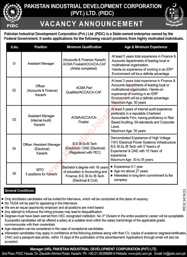 PIDC Jobs June 2024 Management Trainee Officers & Others Pakistan Industrial Development Corporation Latest