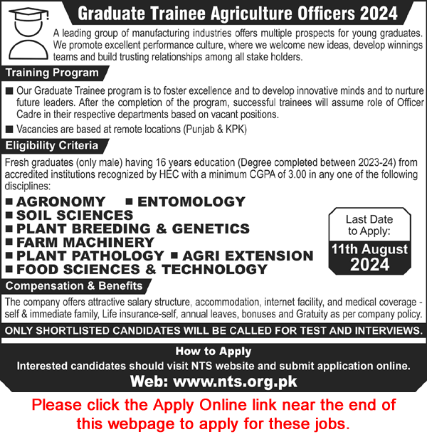 Graduate Trainee Agriculture Officer Program 2024 July / August NTS Apply Online Manufacturing Industry Latest