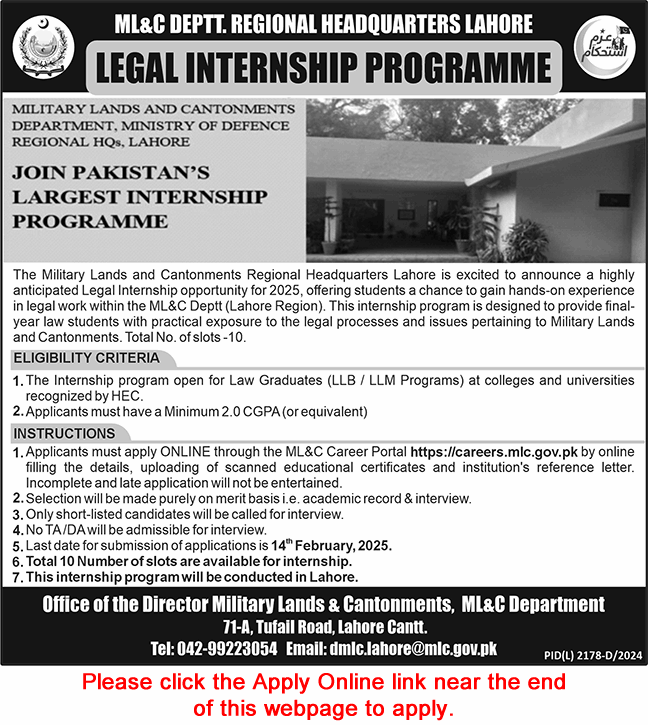 Military Lands and Cantonment Department Lahore Legal Internship Program 2025 February Apply Online Latest