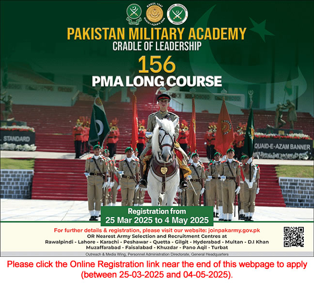 Join Pakistan Army as Commissioned Officer 2025 March through 156 PMA Long Course Online Registration Latest