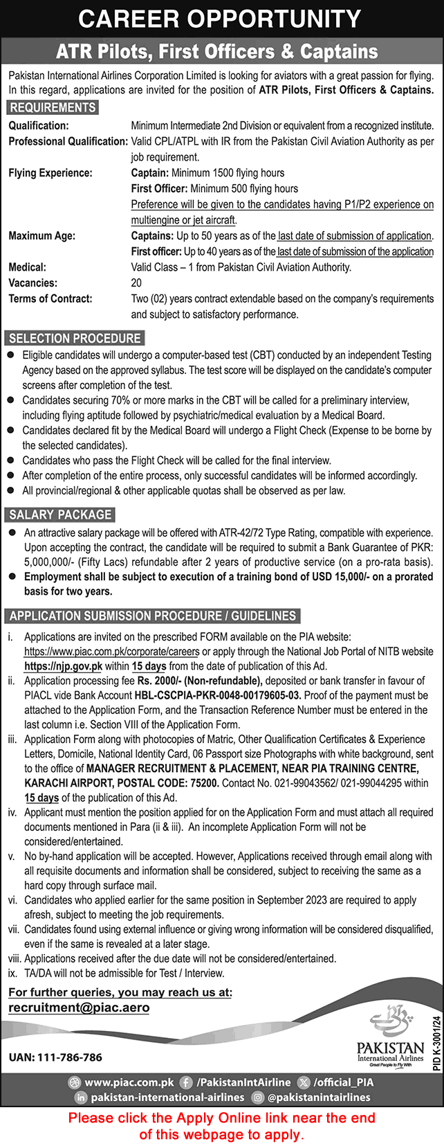 Pilot Jobs in PIA 2025 March / April Apply Online Captains & First Officers Pakistan International Airlines Latest