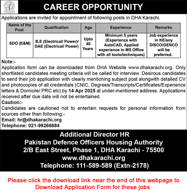 SDO Jobs in DHA Karachi April 2025 Application Form Electrical / Power Engineers Sub Divisional Officer E&M Latest