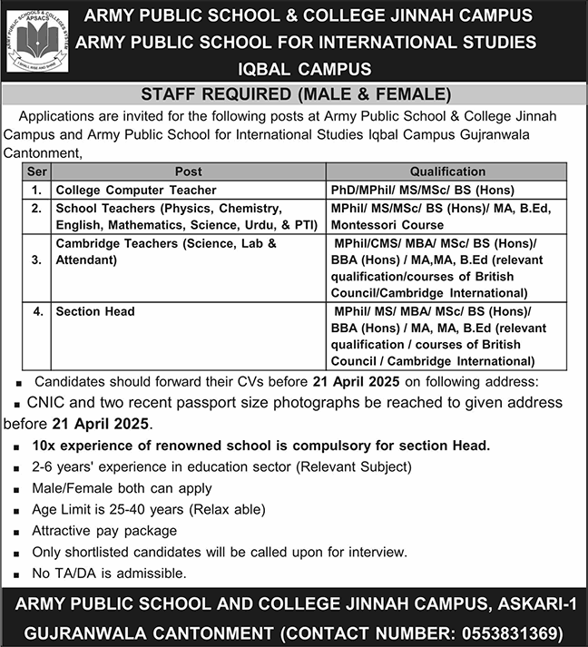 Army Public School and College Gujranwala Jobs April 2025 Teachers at Jinnah & Iqbal Campuses Latest