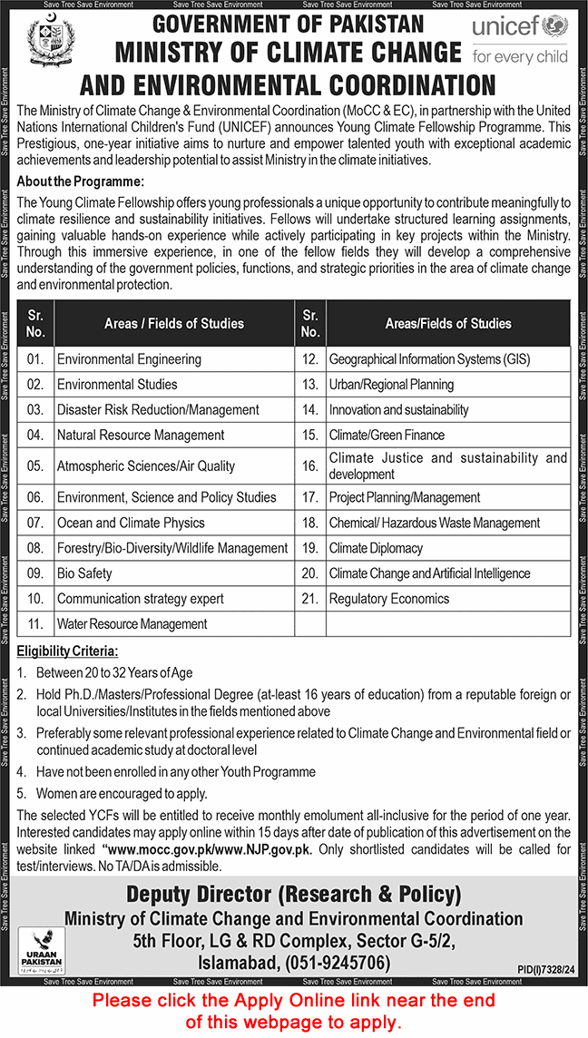 Ministry of Climate Change Young Fellowship Program 2025 April / May Apply Online Latest