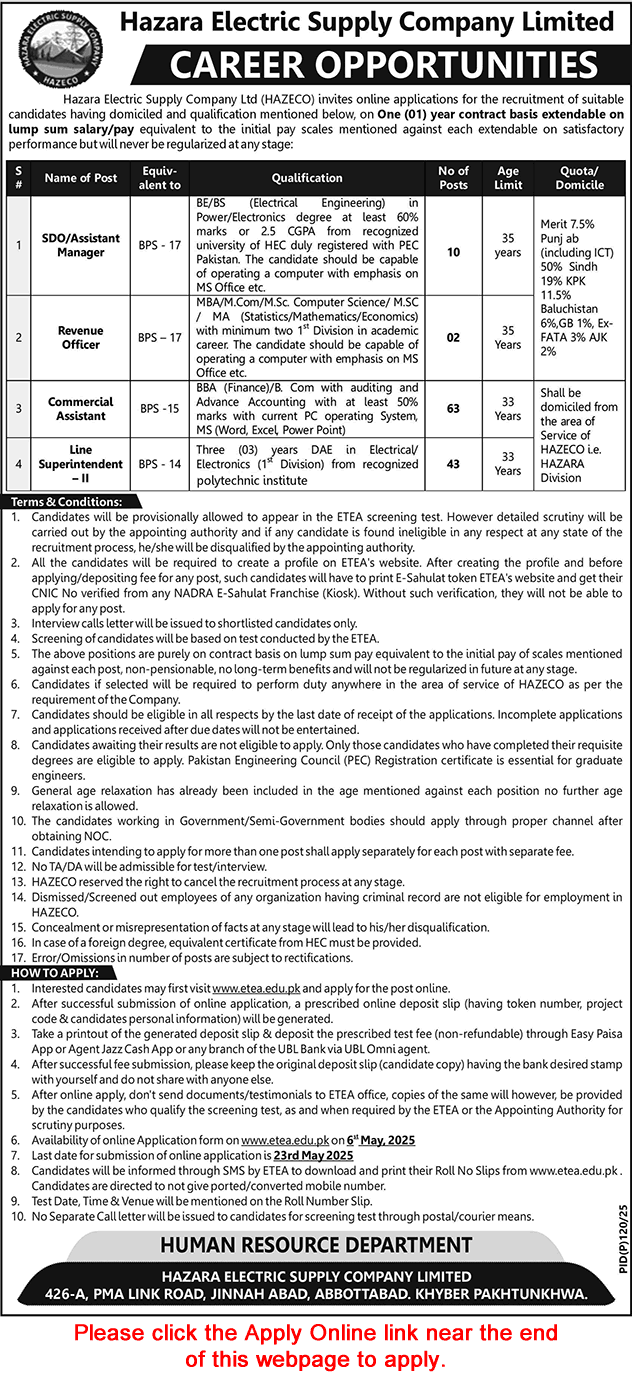 Hazara Electric Supply Company Jobs 2025 May WAPDA ETEA Apply Online Commercial Assistants, Line Superintendent & Others HAZECO Latest