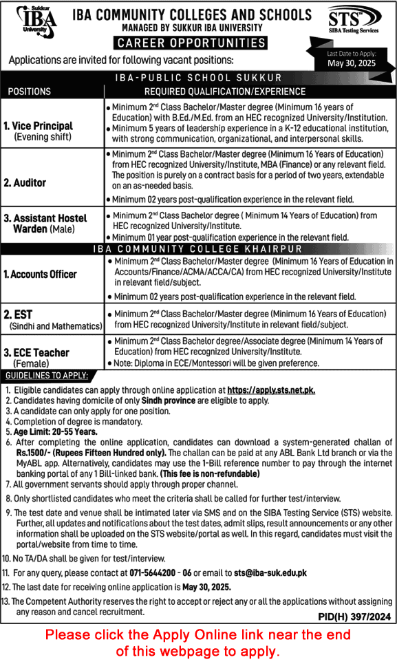 IBA Community Colleges and Schools Sukkur / Khairpur Jobs 2025 May Apply Online Teachers & Others Latest