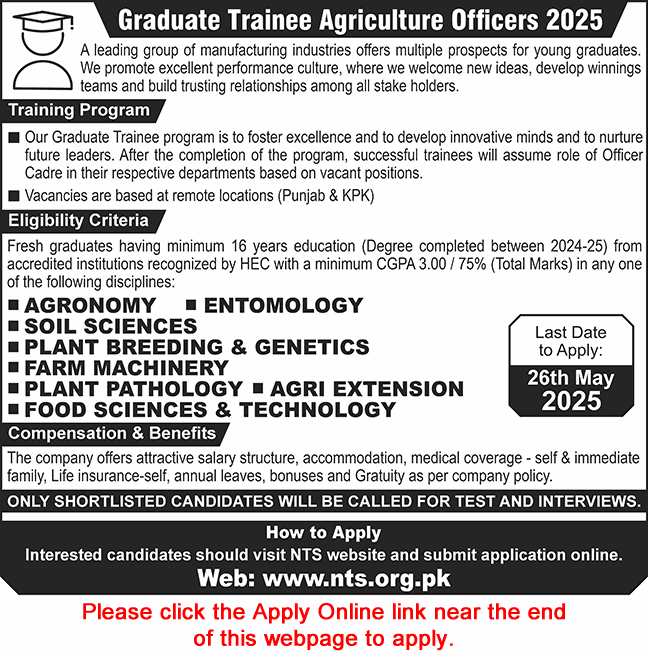 Graduate Trainee Agriculture Officer Program 2025 May NTS Apply Online Manufacturing Industry GTAO Latest