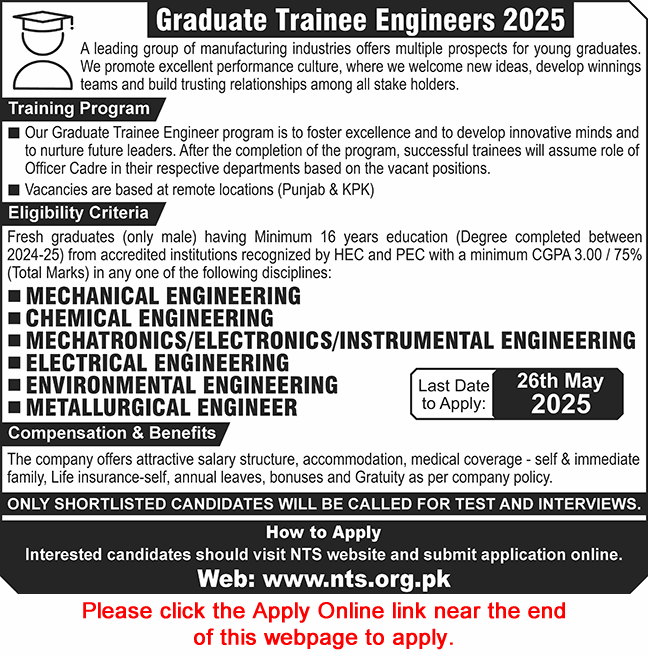 Graduate Trainee Engineers Program 2025 May NTS Apply Online GTE Manufacturing Industry Latest