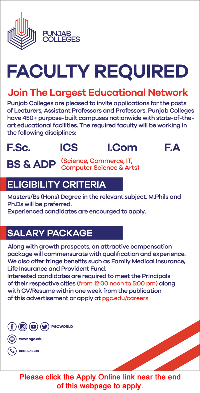 Punjab Colleges Jobs May 2025 Apply Online Teaching Faculty PGC Latest