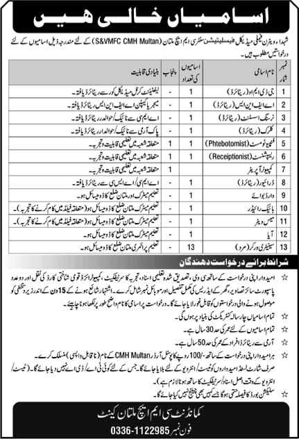 CMH Multan Jobs June 2025 Sanitary Workers, Receptionists, Clerk & Others Combined Military Hospital S&VMFC Latest