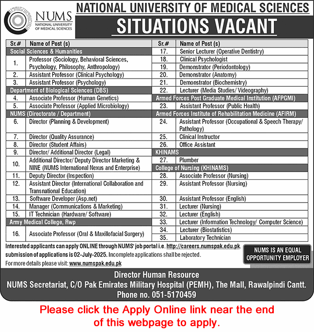 NUMS University Rawalpindi Jobs June 2025 Apply Online Teaching Faculty & Others Latest