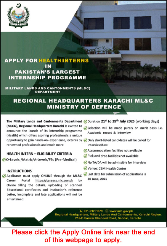 Military Lands and Cantonments Department Karachi Internship Program June 2025 Apply Online ML&C Latest