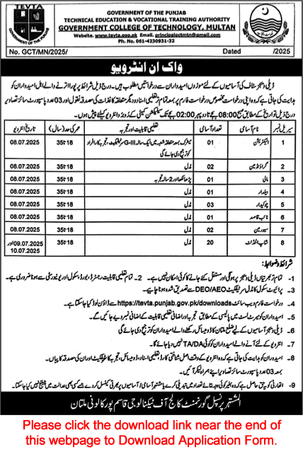 Government College of Technology Multan Jobs 2025 June Application Form Shop Attendants & Others Walk in Interview Latest