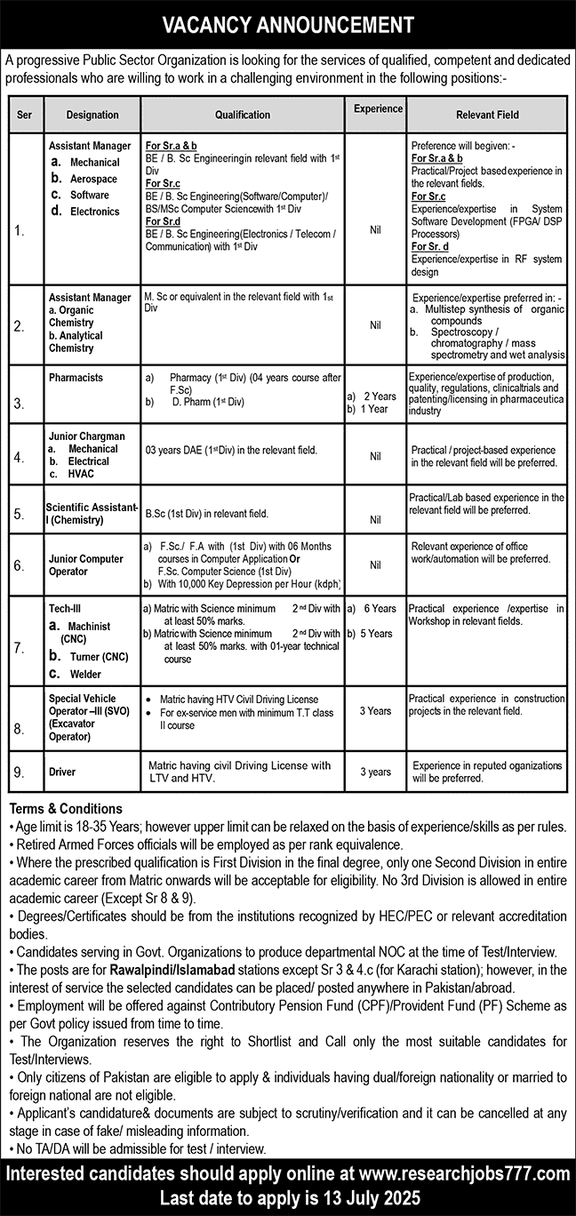 Public Sector Organization Jobs June 2025 July researchjobs777 Assistant Managers, Technicians & Others Latest