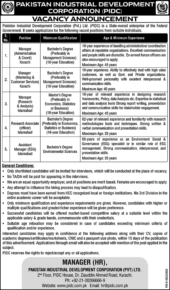 PIDC Jobs June 2025 July Assistant / Managers & Research Associate Pakistan Industrial Development Corporation Latest