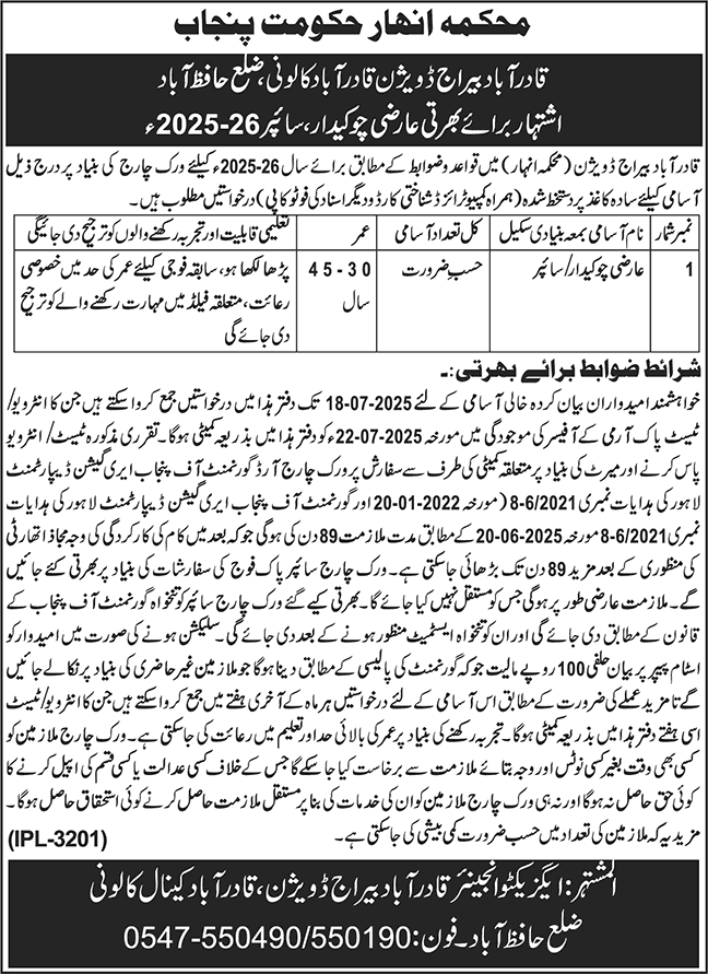 Chowkidar Jobs in Irrigation Department Qadirabad 2025 July Barrage Division Latest