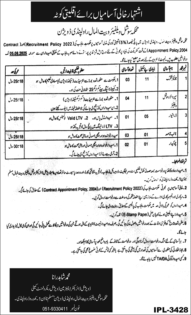 Social Welfare and Bait-ul-Maal Department Rawalpindi Jobs 2025 July Clerks, Naib Qasid & Others Minority Quota Latest
