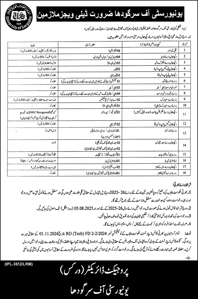 University of Sargodha Jobs July 2025 Electricians, Generator Operators, Helpers & Others Latest