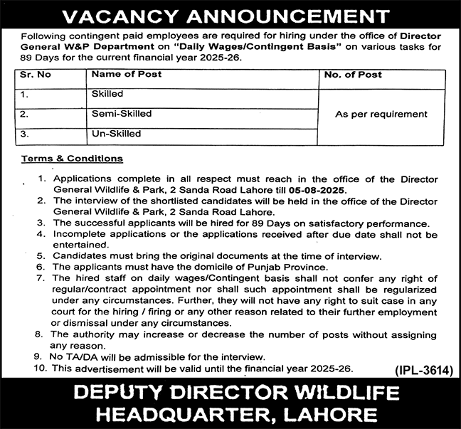 Wildlife and Parks Department Punjab Jobs July 2025 Skilled, Semi-Skilled & Un-Skilled Workers Latest