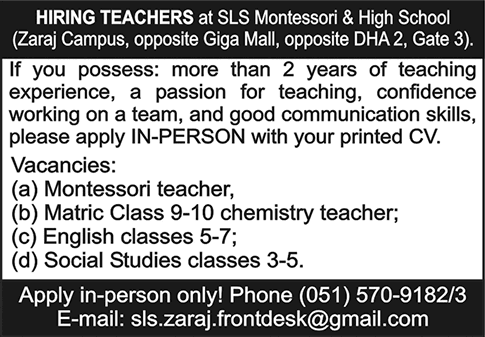 Teaching Jobs in SLS Montessori and High School Islamabad July 2025 at Zaraj Campus Latest