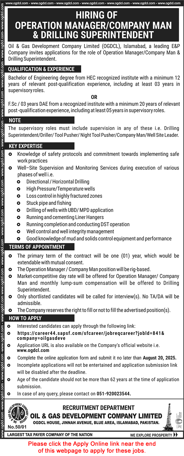 OGDCL Jobs August 2025 Apply Online Operation Manager / Company Man & Drilling Superintendent Latest
