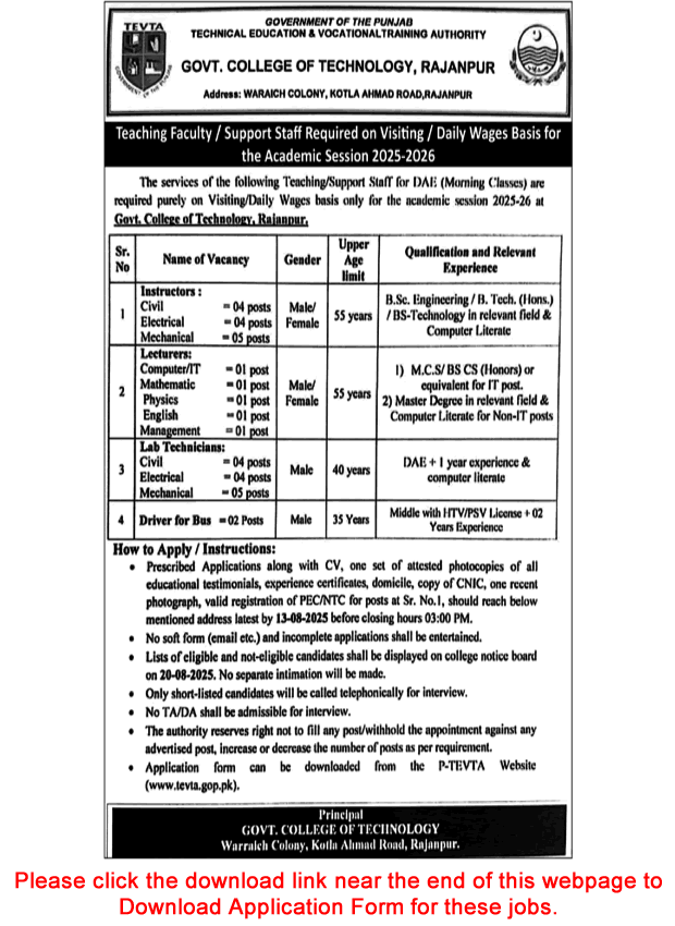 TEVTA Government College of Technology Rajanpur Jobs 2025 August Application Form Lecturers, Instructors & Others Latest
