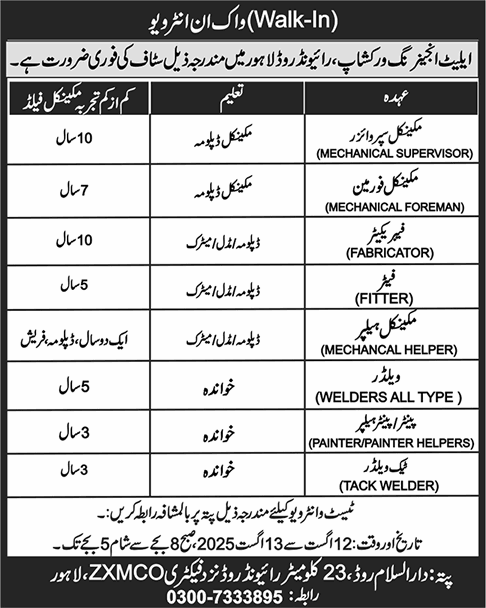 Elite Engineering Workshop Lahore Jobs 2025 August Fitter, Fabricator, Welder & Others Walk in Interview Latest