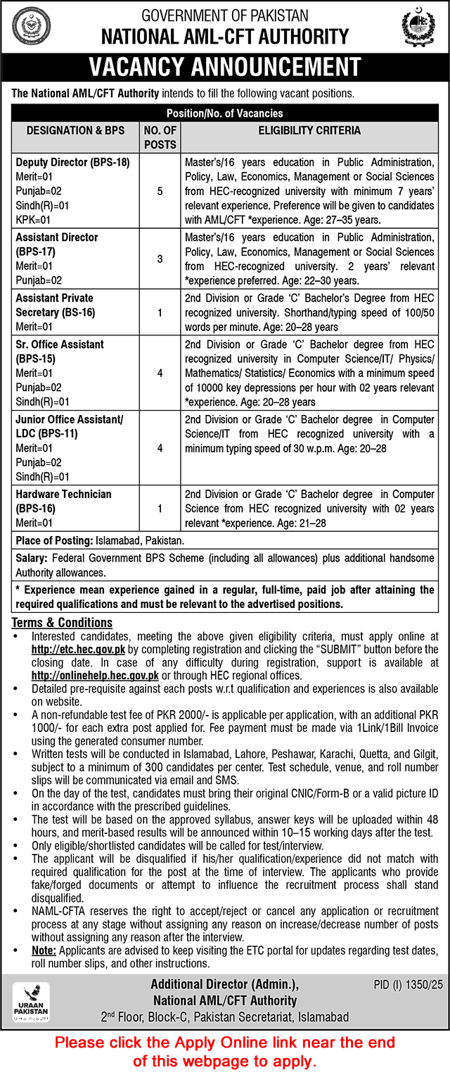 National AML CFT Authority Islamabad Jobs 2025 August Apply Online Office Assistants, Clerks & Others Latest