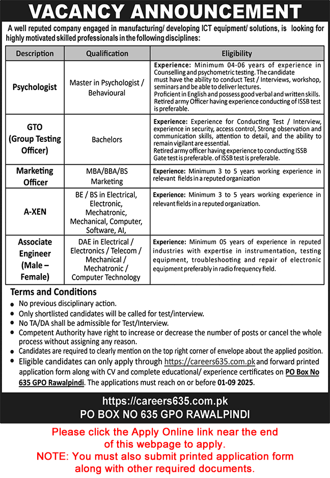 PO Box 635 GPO Rawalpindi Jobs August 2025 Apply Online Associate Engineers & Others Latest