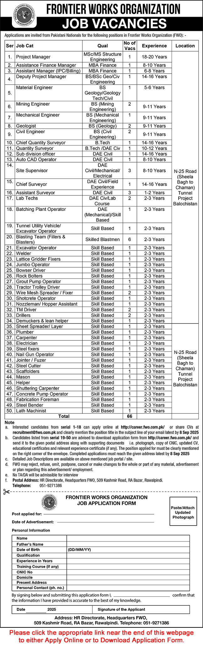FWO Jobs August 2025 Online Application Form Frontier Works Organization Latest